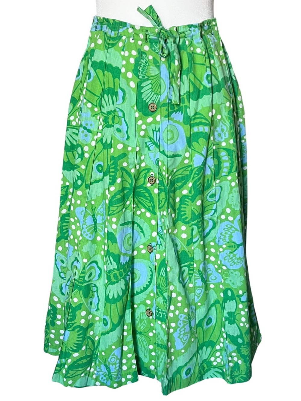 Vintage 70s Green Butterfly Button Front A Line Midi Skirt XS Boho Cottagecore